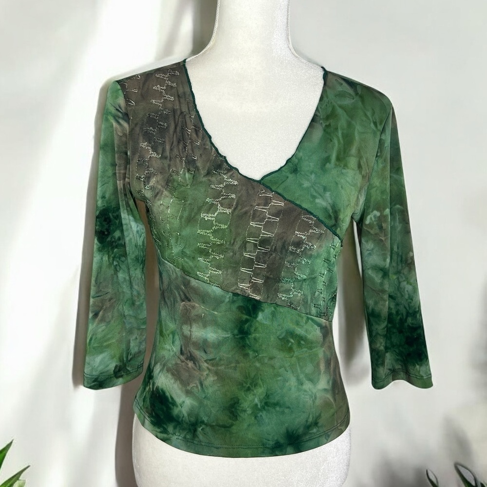 Vintage 90s Y2K Fairycore Euro Whimsygoth Tie Dye V Neck Faux Wrap Blouse Top